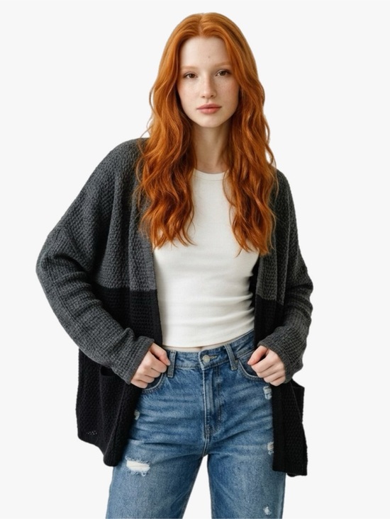 Urban Outfitters Sweaters - Urban Outfitters BDG Cozy Colorblock Open-Front Cardigan Dark Gray Black Sz L